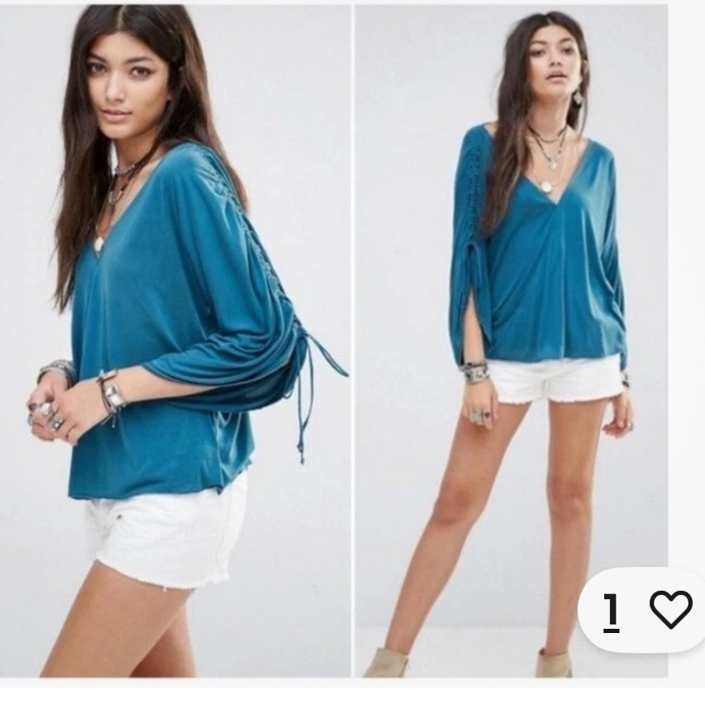 Anthropologie Blue V-Neck Blouse with Sleeve Ties size S‎